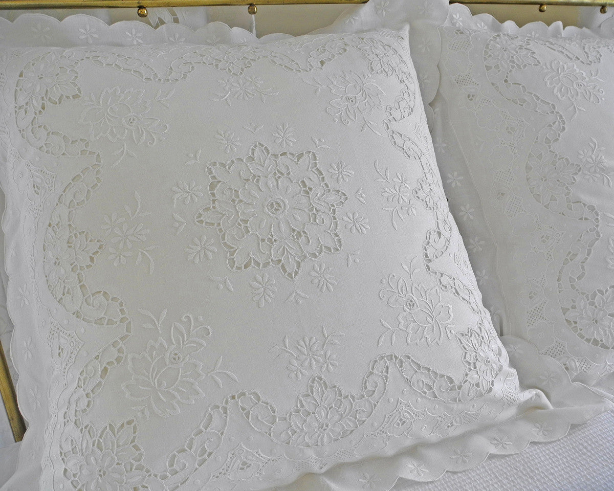 European square pillow sham, hand embroidered with cutwork embroidery