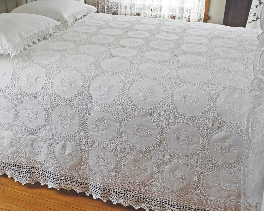 Victoria bedcover. Hand embroidery combined with hand crochet. 110"x96"approximately