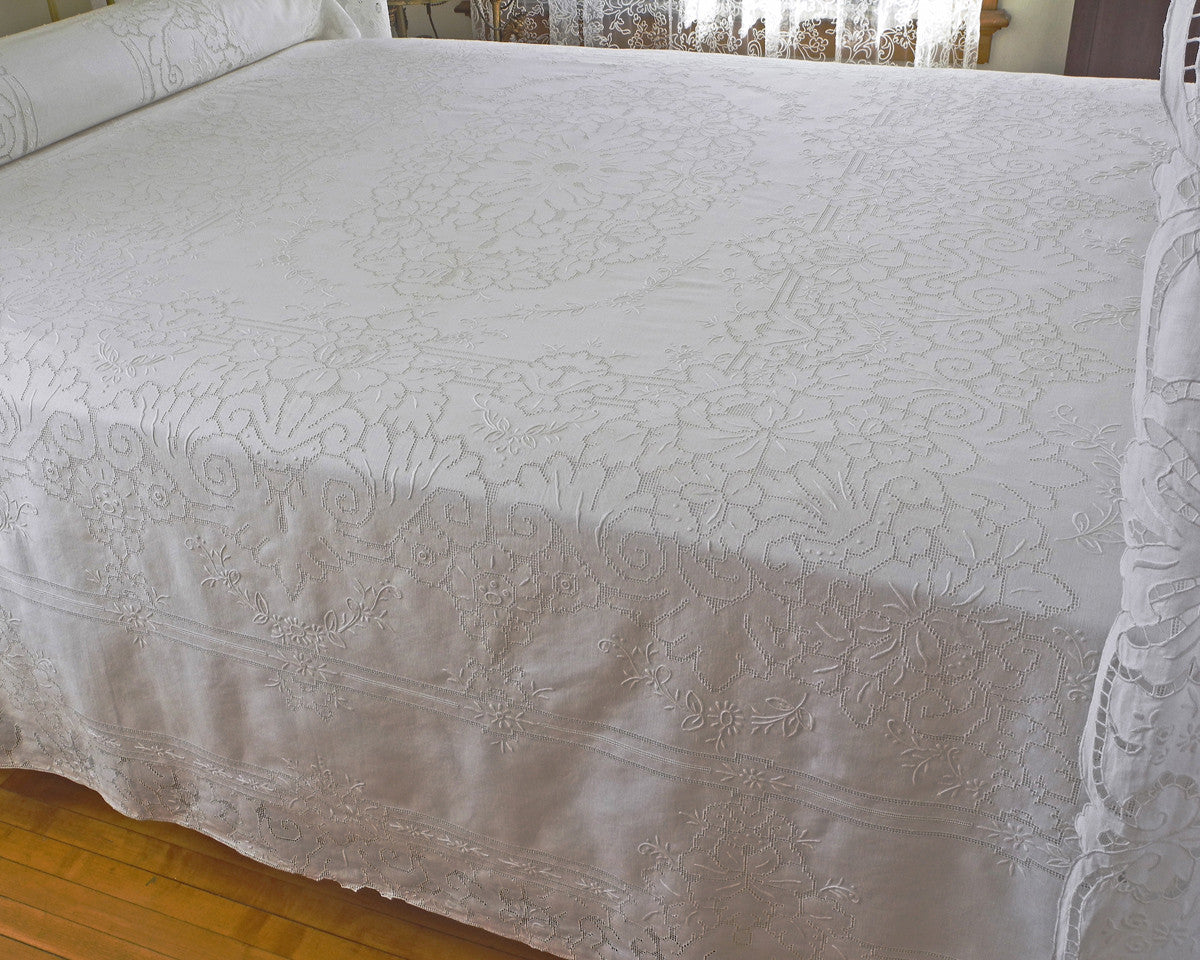 pure linen bedcover, hand embroidered with high quality drawnwork embroidery.