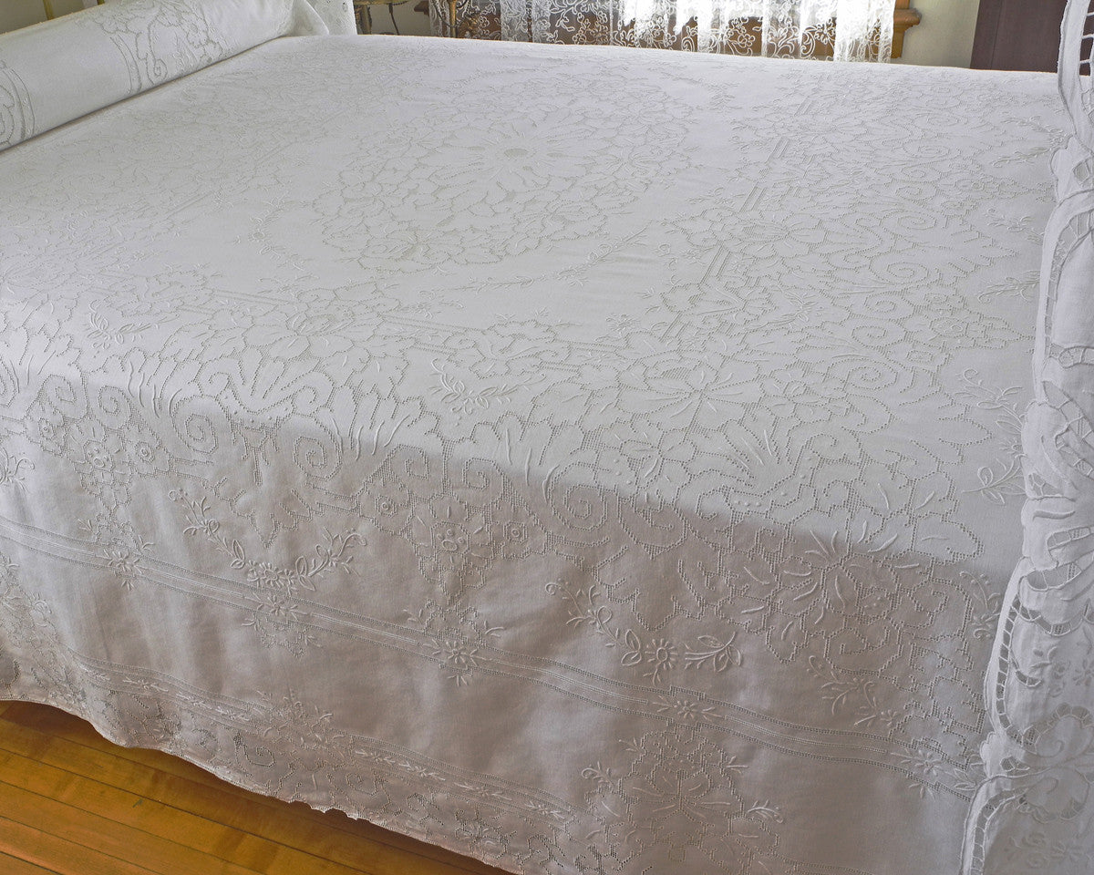 pure linen bedcover, hand embroidered with high quality drawnwork embroidery.