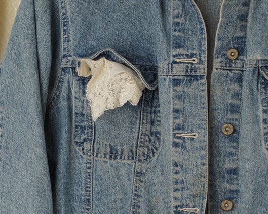 Lace handkerchief used as a pocket hankie. Feminine touch to everyday denim jacket.