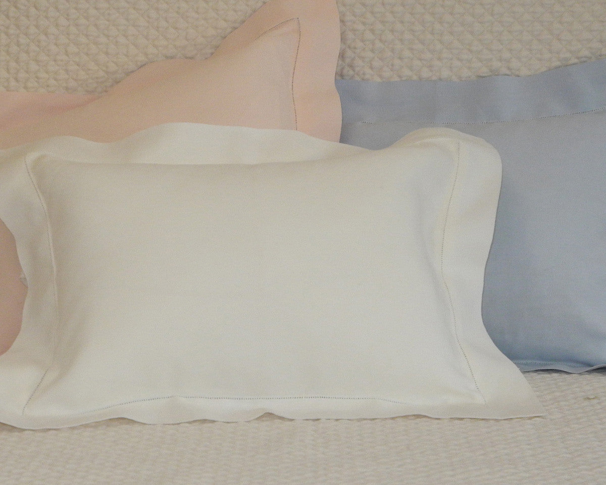 Boudoir pillow sham in white, pink or blue, made of 100% linen and embellished  with hand drawn hemstitch.