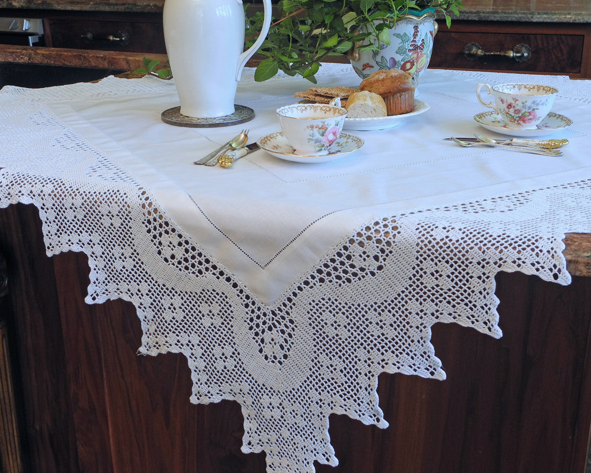 pure linen tablecloth decorated with hand drawn hemstitch and 10"wide hand crochet border in french country style.