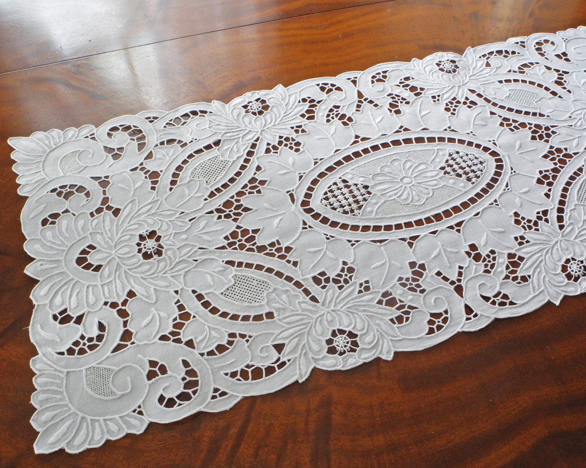 Pure linen table runner or dresser scarf decorated with amazing quality of hand embroidery, using cut work, drawn work and satin-stitch.