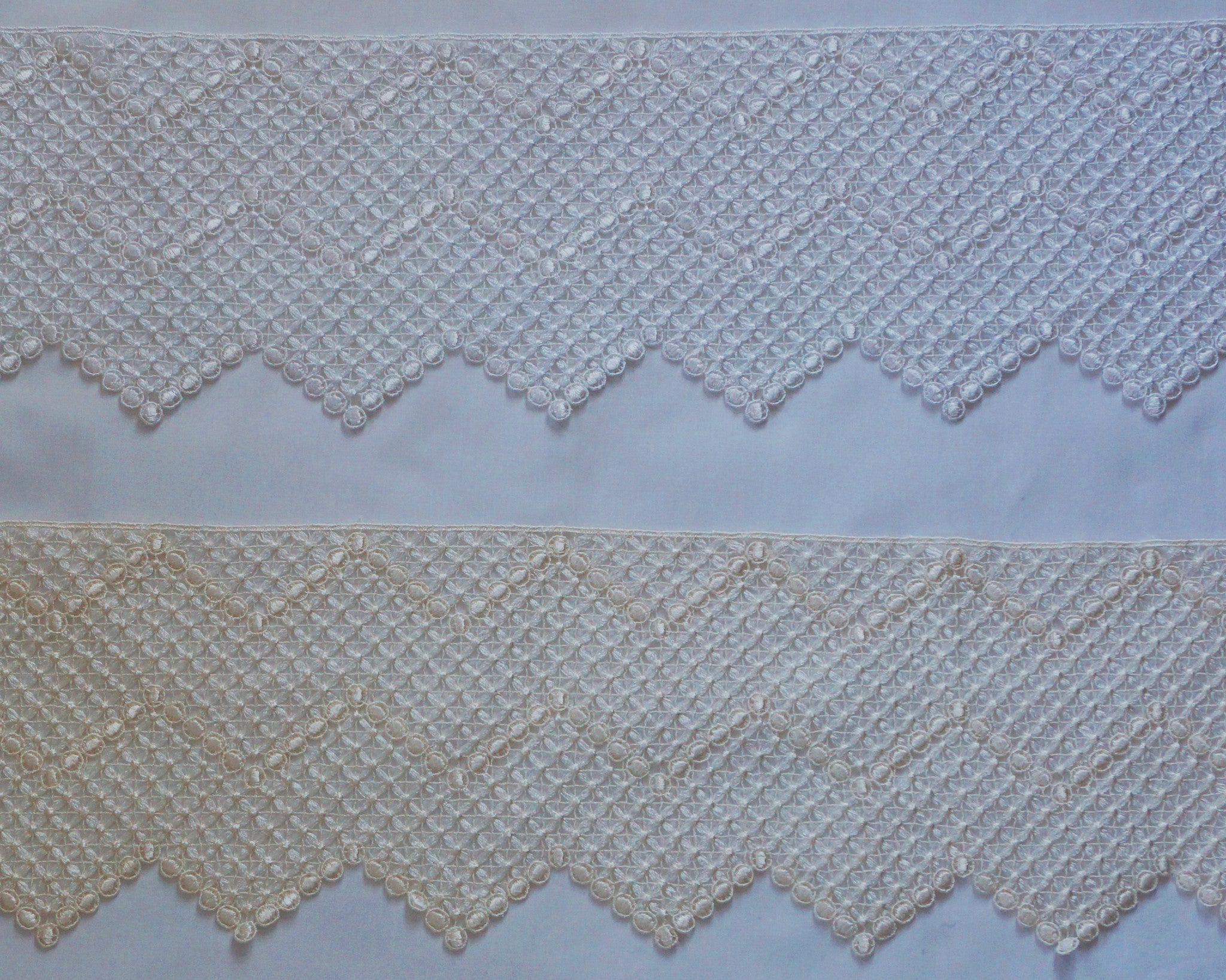 Exquisite lace trim with classic mosaic like pattern. White or rich cream color. Just under 7" wide.