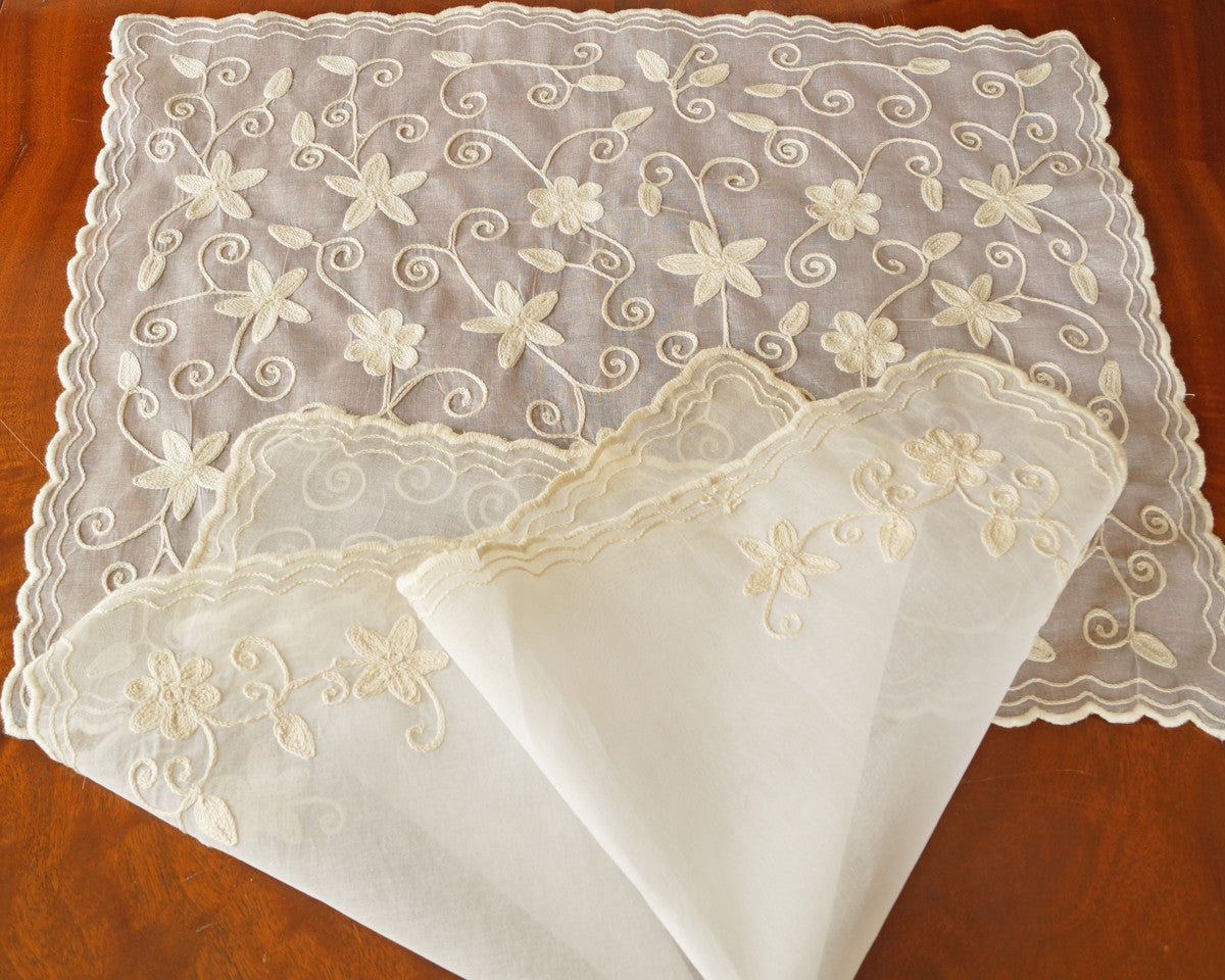 Cotton organdy placemat and napkin set is embroidered with star like motif and finished scalloped edge. 20" napkin has matching embroidery in 2 corners. Shown in ecru on white.