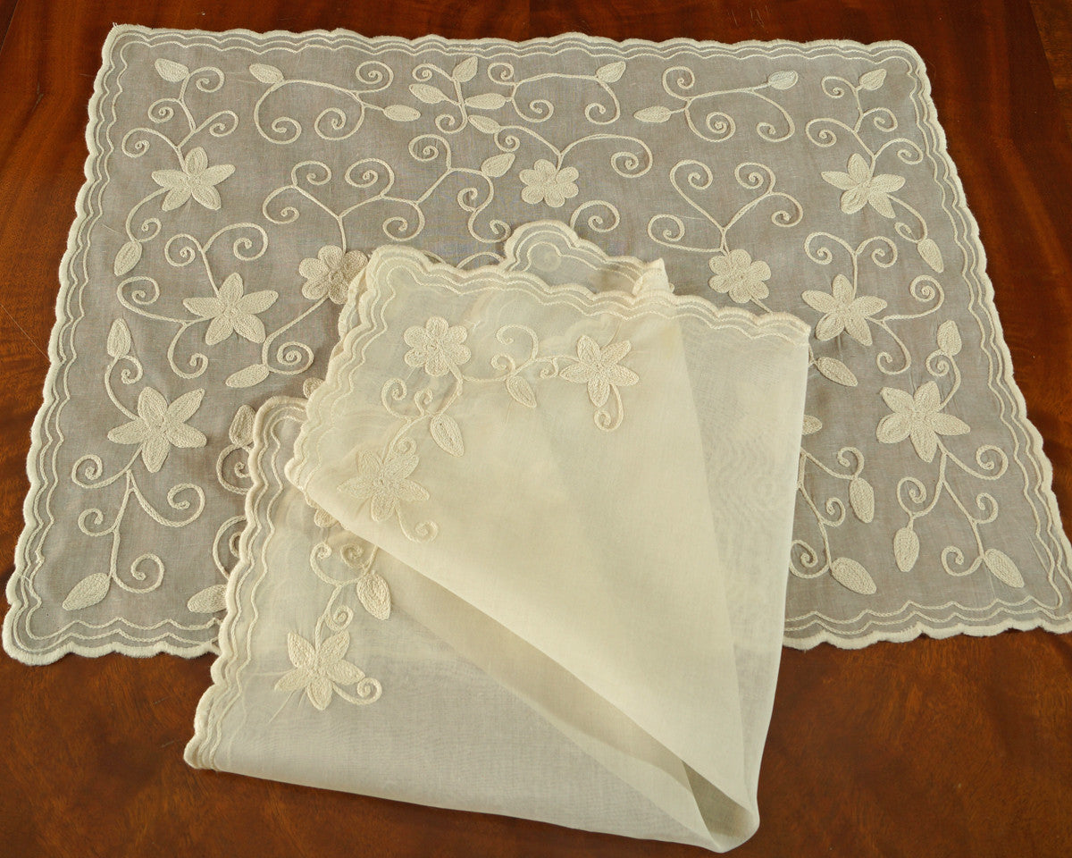Cotton organdy placemat and napkin set is embroidered with star like motif and finished scalloped edge. 20" napkin has matching embroidery in 2 corners. Shown in ecru on ecru.