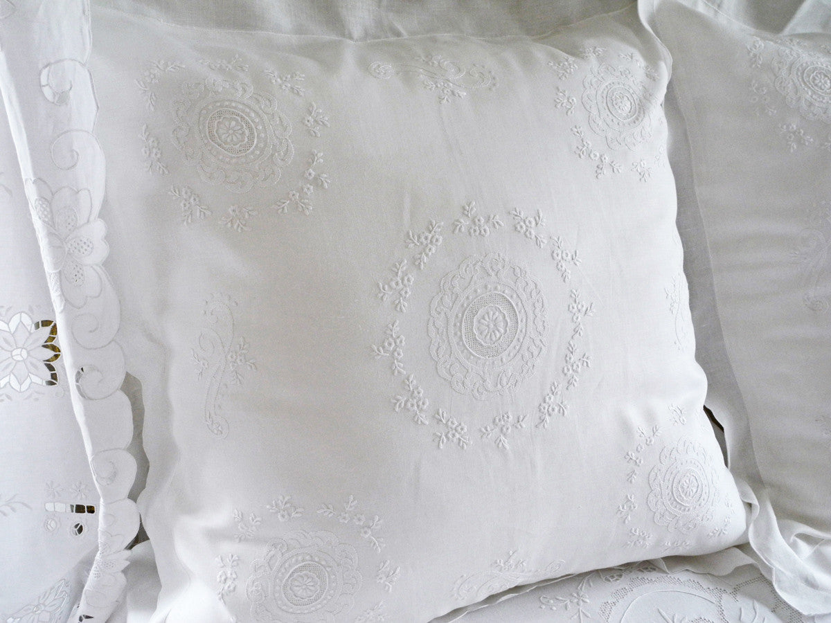 European size pillow sham embroidered by hand with delicate whitework.