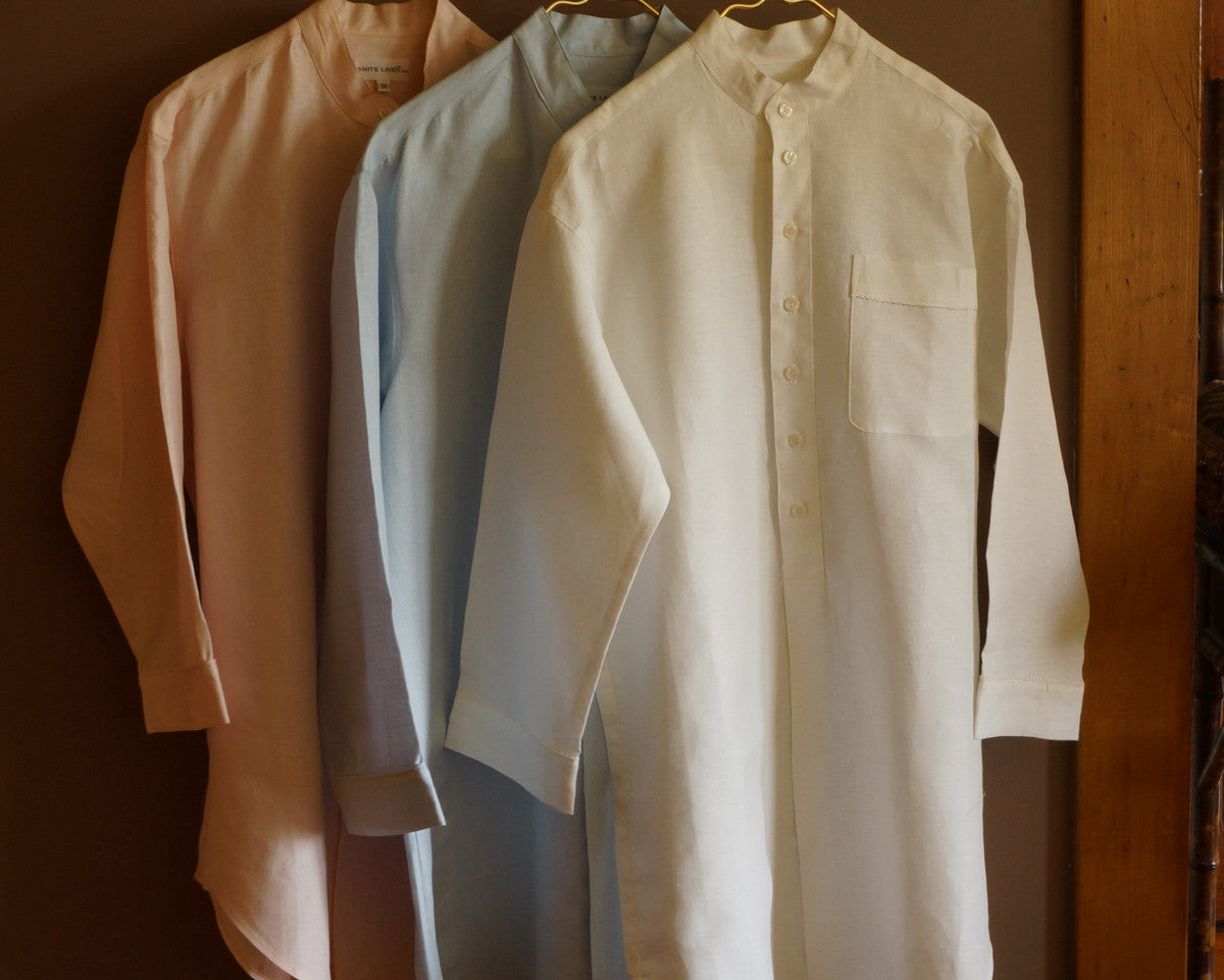 100% linen sleep shirt with long sleeves and Nehru collar. White, pink or blue.