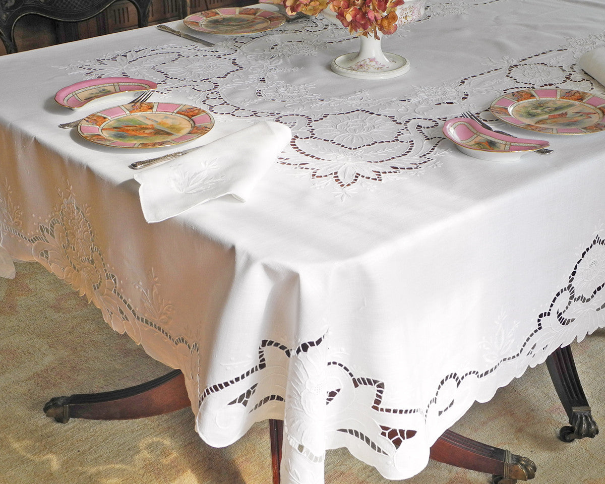Pure linen tablecloth hand embroidered with cut work style embroidery on fine quality of linen.